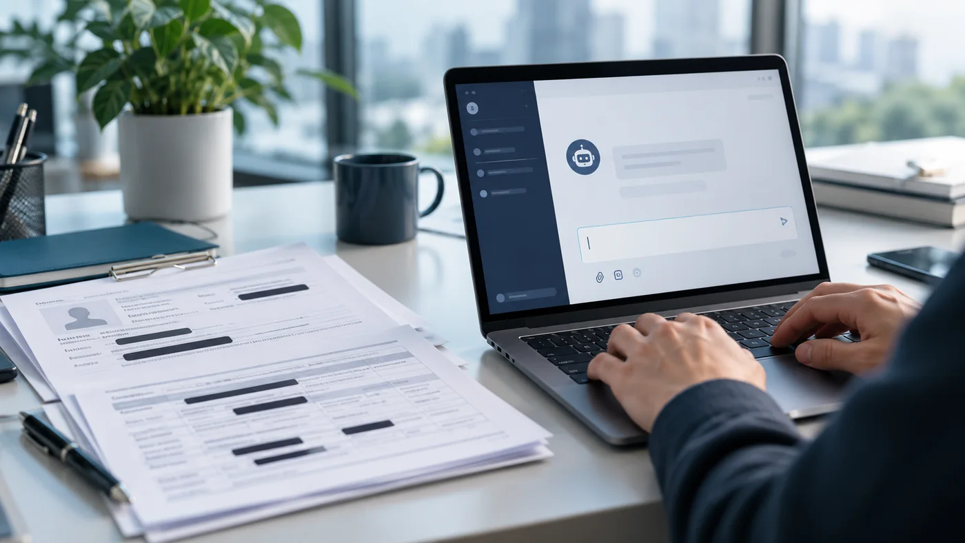 Portátil con asistente de inteligencia artificial y documentos con datos personales protegidos