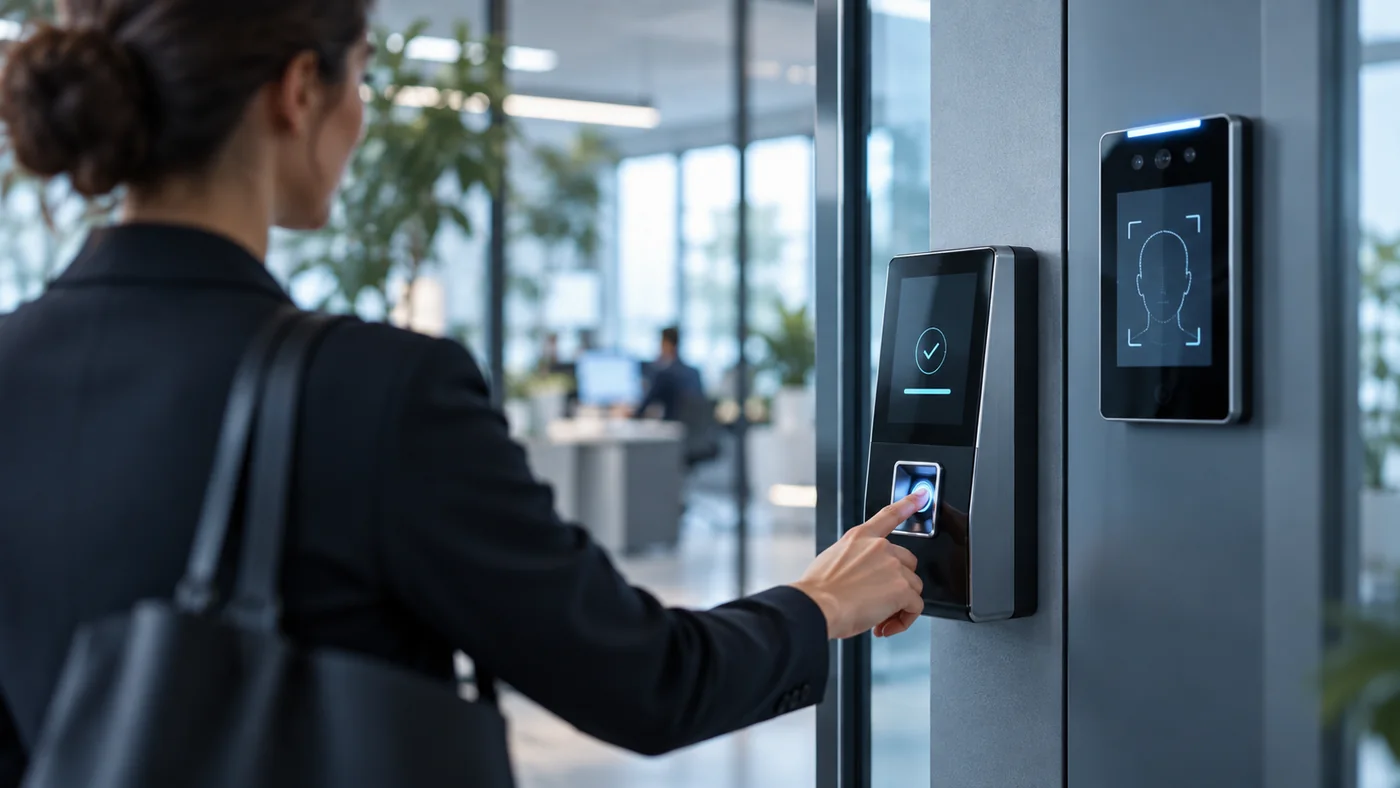 Trabajadora usando un sistema de control de acceso biométrico en una oficina