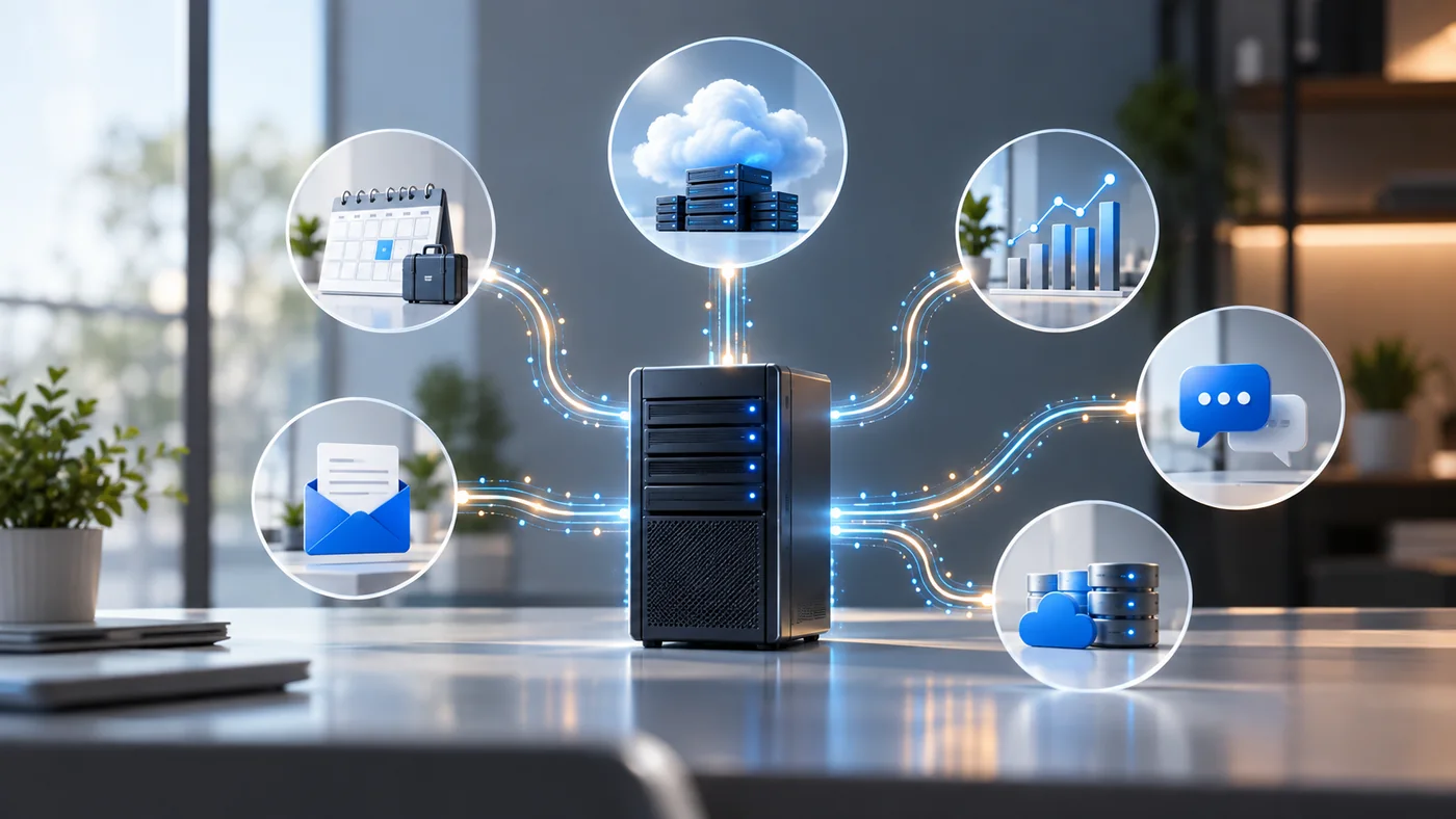 Servidor conectado visualmente con servicios cloud, mensajería, correo y aplicaciones empresariales