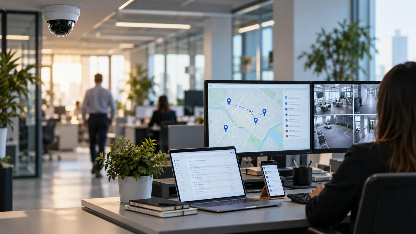 Puesto de control empresarial con mapas y cámaras de seguridad mientras trabajadores aparecen desenfocados