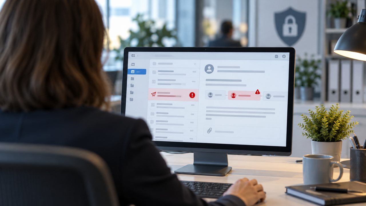 Pantalla de correo con aviso de destinatario incorrecto en una oficina