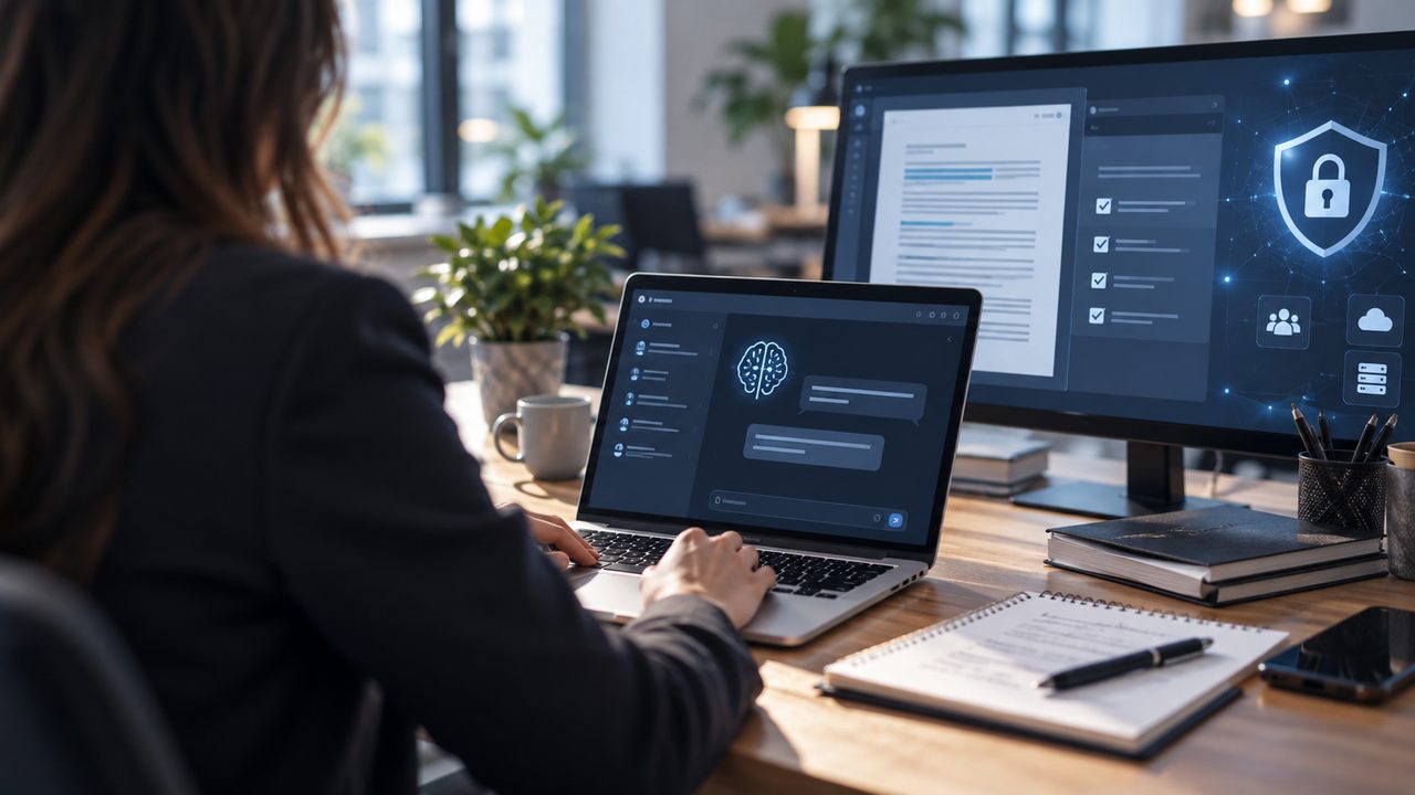 Puesto de trabajo con inteligencia artificial y ciberseguridad, sin rostro visible